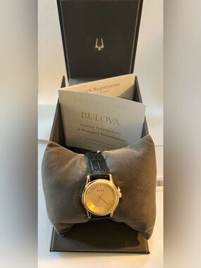 Bulova Womens Watch 97V25 Gold Dial Black Leather Band Round Gilt Ladies Dressy